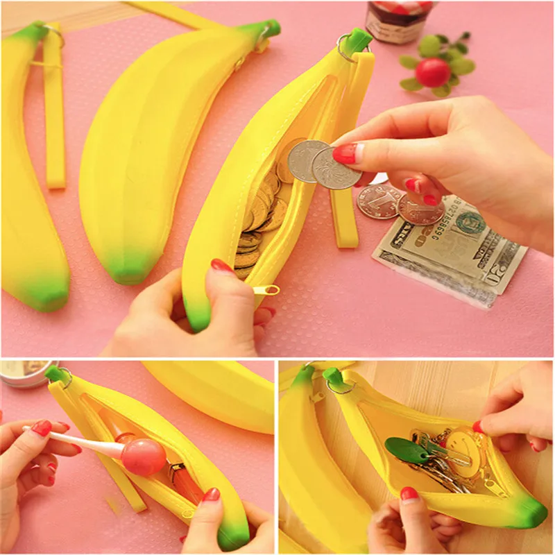 Unisex Men Women Girls Novelty Silicone Portable Banana Coin Pencil Pen Case Purse Bag Case Wallet Pouch with Keyring