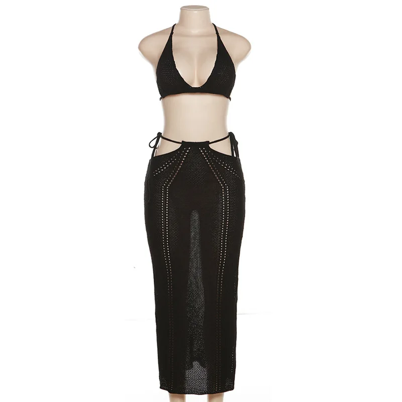 Summer Solid Color Knit Matching Set Skirt Outfit Crochet 2 Piece Sets Women