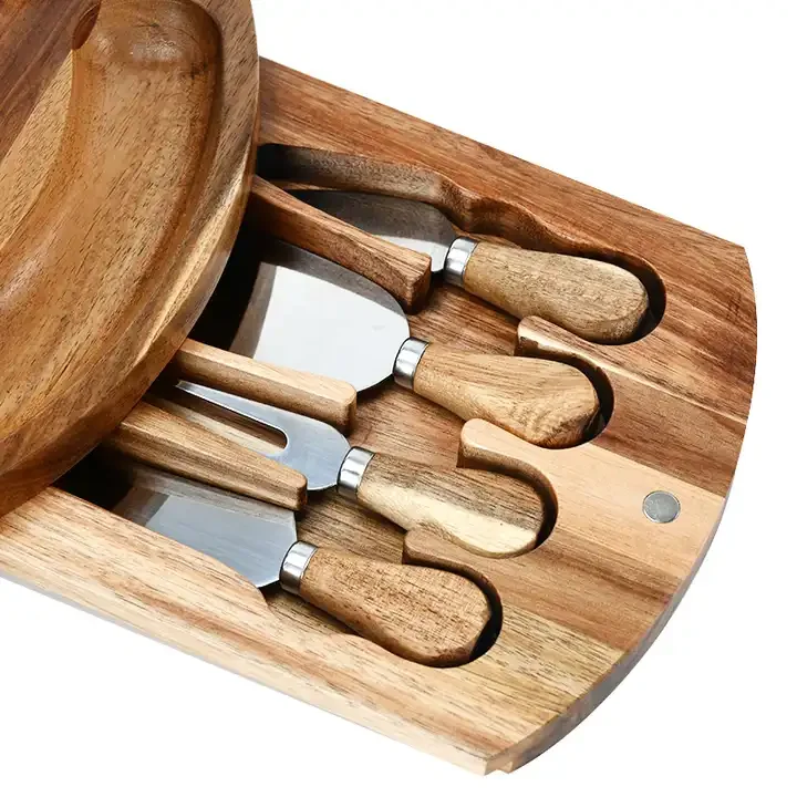 Acacia Wood Cheese Board Set with Slate Round Charcuterie Board Cheese Serving Platter with Slide-Out Drawer