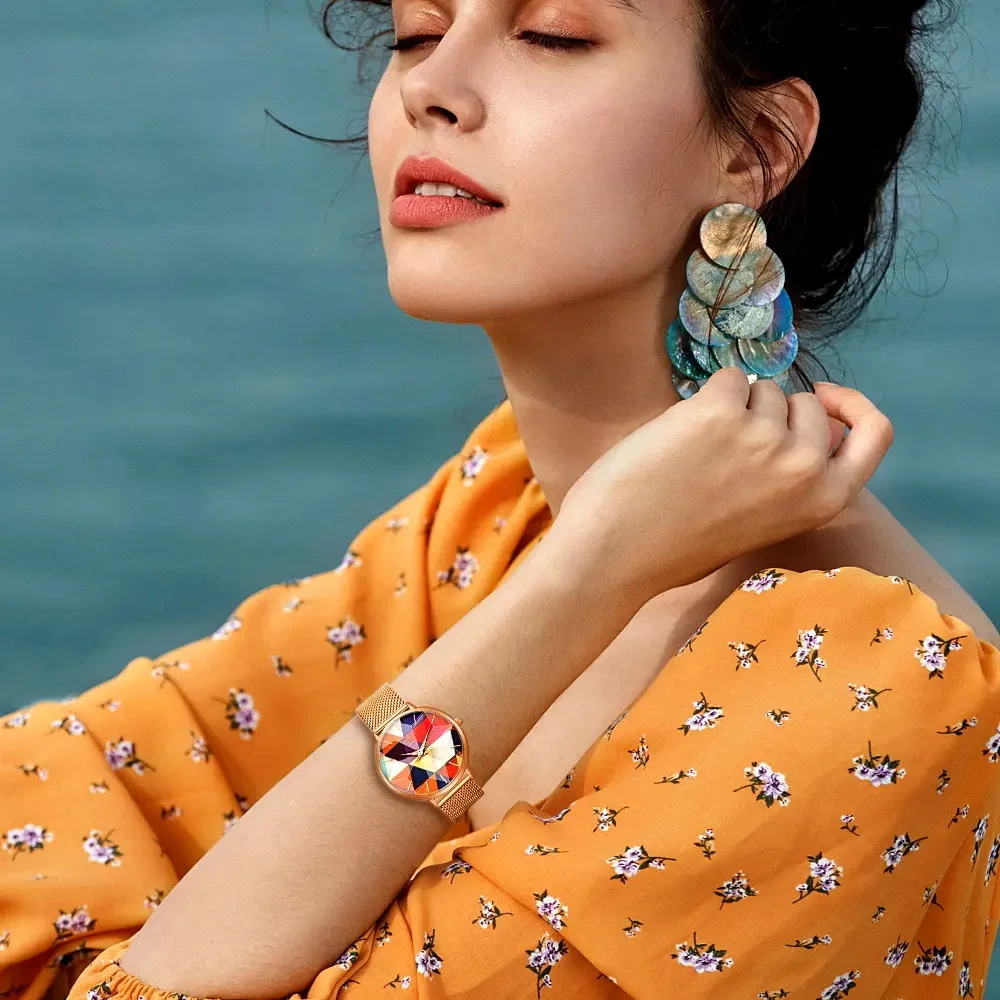 SHENGKE K0127L Fashion Female Quartz Watch Seven Color Watch Dial Design Luxury Women Wrist Colorful Wrist Watch Cutting Glasses