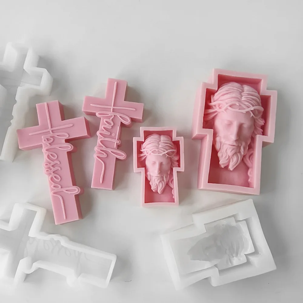 Silicon Molds for Candles 3D Relief Cross Candle Moulds Silicone Jesus Head Portrait Moldes De Silicona Para Velas Candle Molds