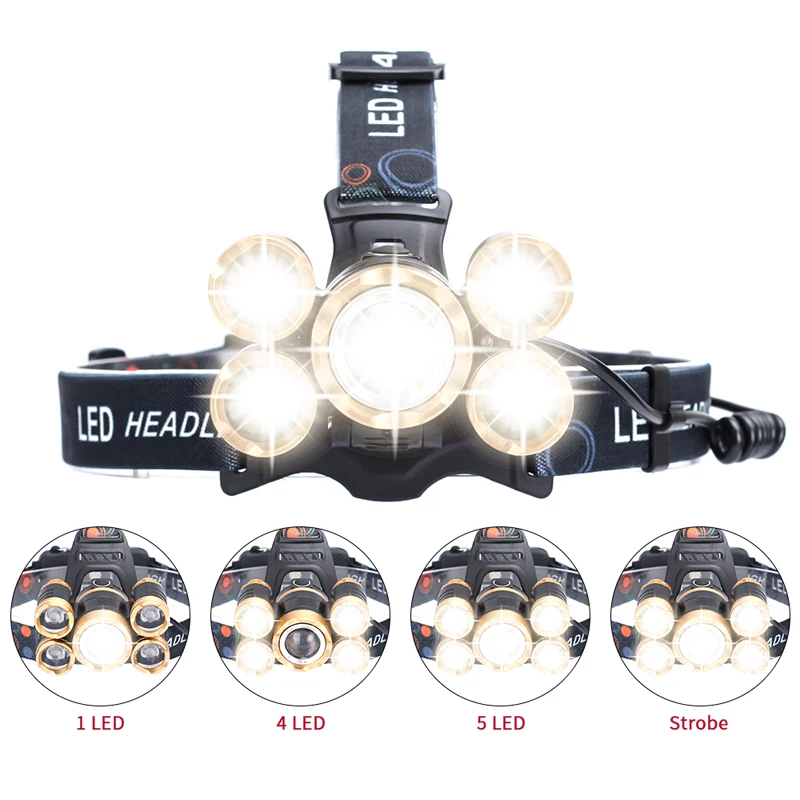5 LED Headlight, USB Rechargeable Head Lamp Flashlight, 4 Modes Waterproof Zoomable Work Light for Outdoors, Household