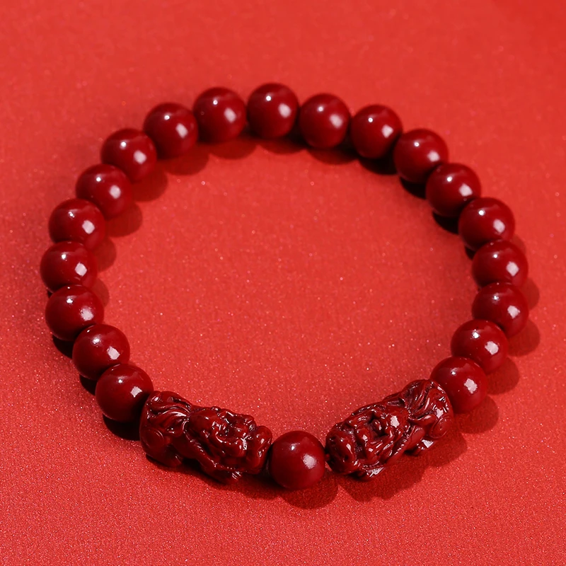 JD GEMS Feng Shui Wealth Lucky Double Pixiu Tai Chi Round Buckle Charms Original Mine Purple Cinnabar Round Beaded Bracelet