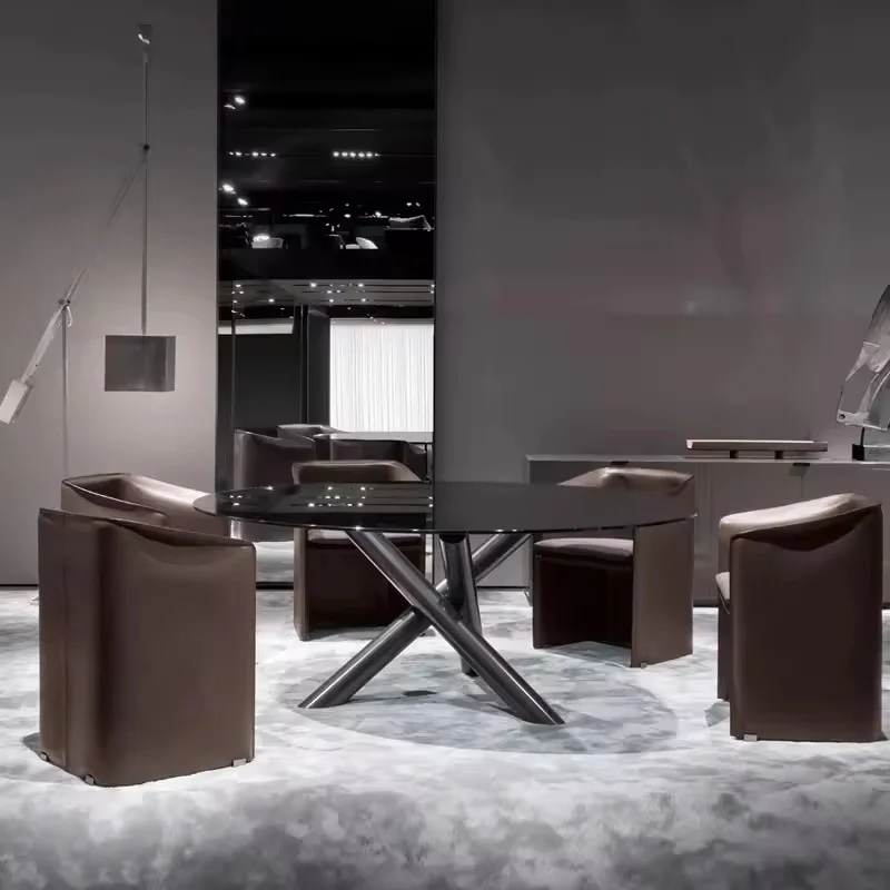 Modern Round Glass Dining Table | Designer Center Table with Chrome Cross Legs | Coffee Shop Dining Furniture