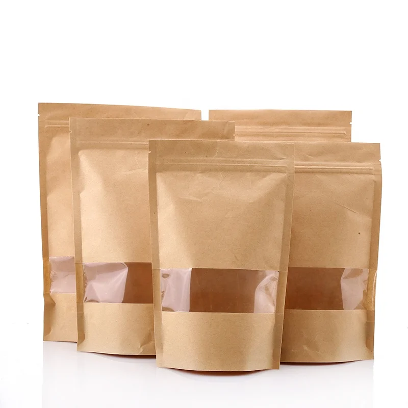 Recyclable Food Storage Ziplock Natural Brown Kraft Paper Bag Stand-up Bag With Clear Window