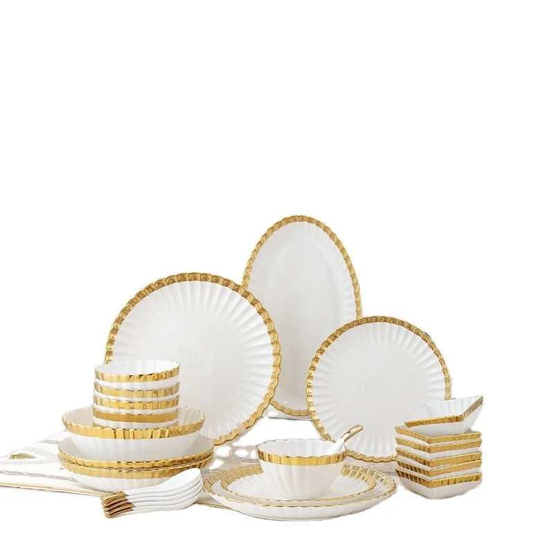 JIUWANG European style golden pearl embossed ceramic luxury dinner set serving dishes set thanks giving dinnerware
