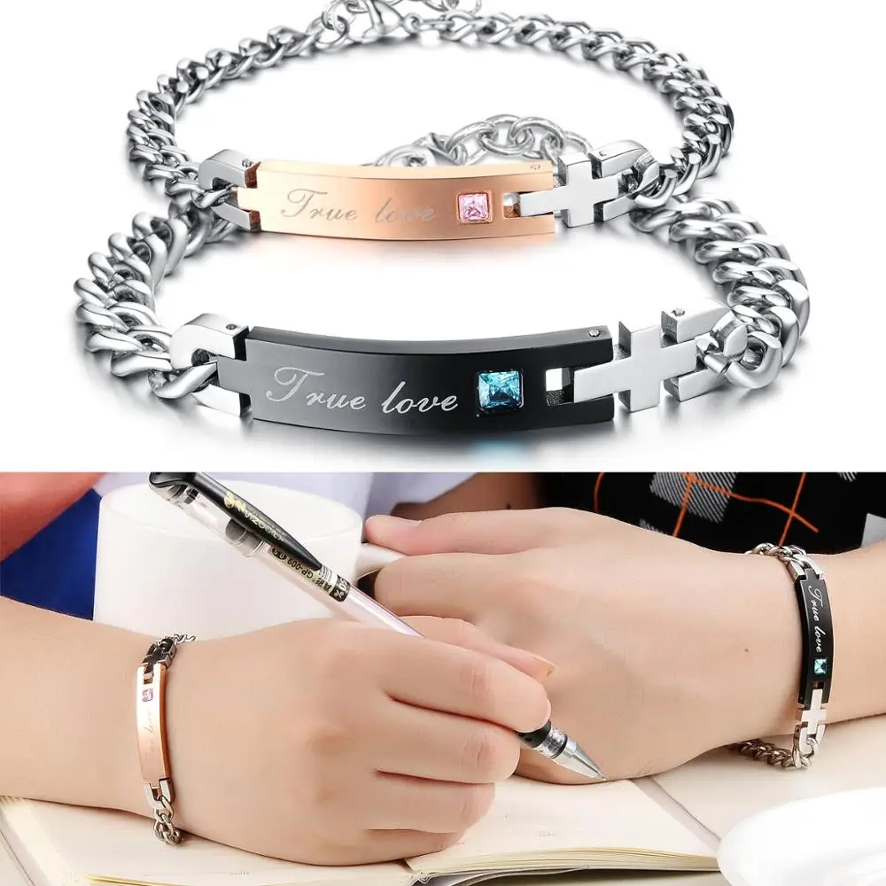 Stainless Steel Couple Jewelry Bracelet Her King Beast His Beauty True Love Lovers Promise Letter Chain Bracelet Charm Gift