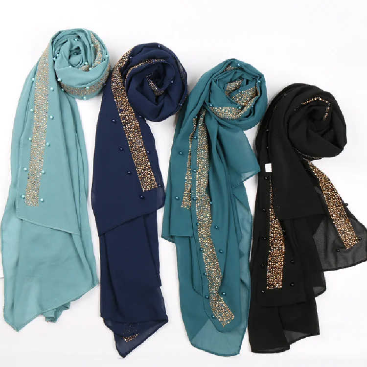INS Hot Sale Plain Pearl Heavy Chiffon Hijab Crystal Islamic Luxury Diamond Scarf