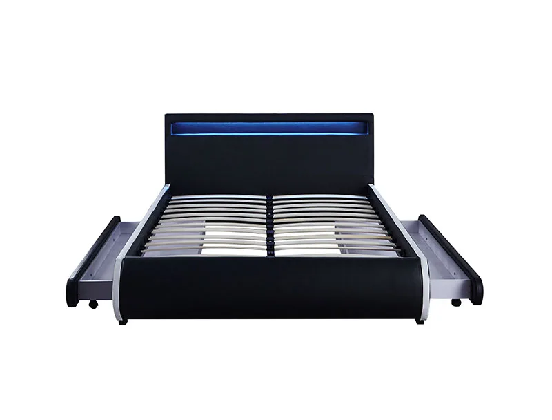 Cheap price American Design wood frame double Leather Bed with LED