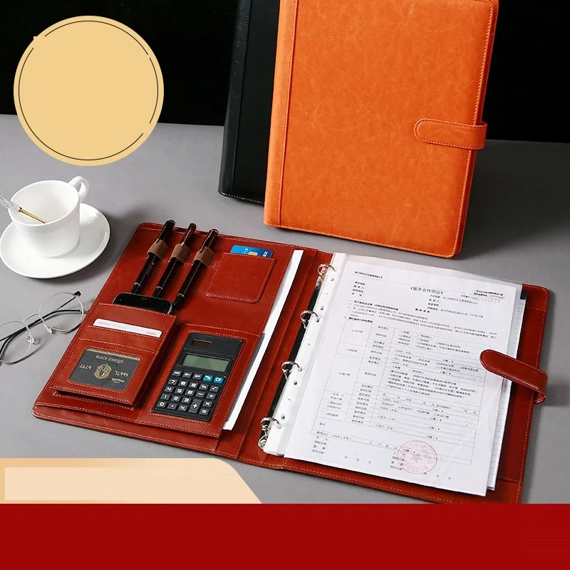 Multi Function Leather Cover 4 Hole Ring Binders File Folder A4 Document Holder with Calculator