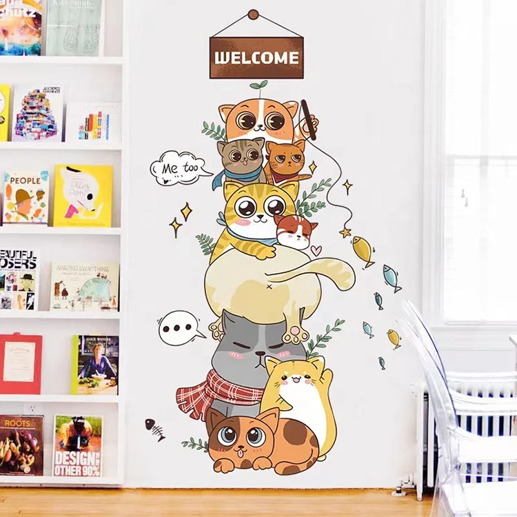 Wholesale self adhesive Cute kawaii cat  wall sticker for bedroom kid room  kindergarten classroom