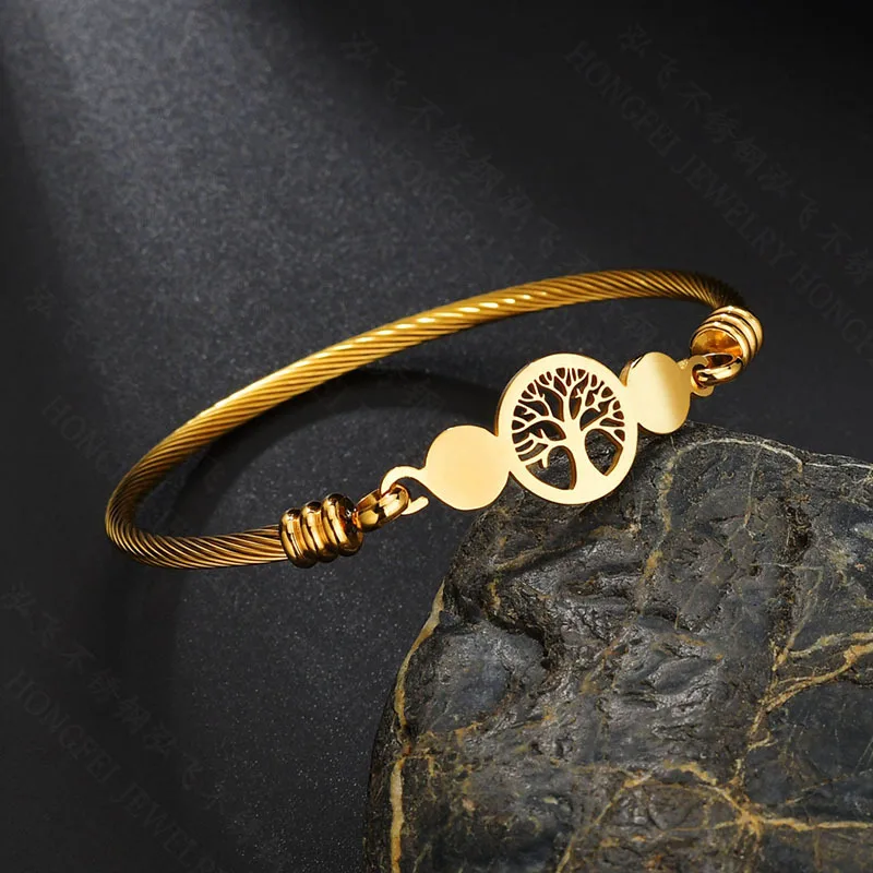 Kingcome Fashion Gold Steel Wire Lucky Tree Bracelet Jewelry Engraved Stainless Steel Hollow Tree Of Life Bangle Bracelet