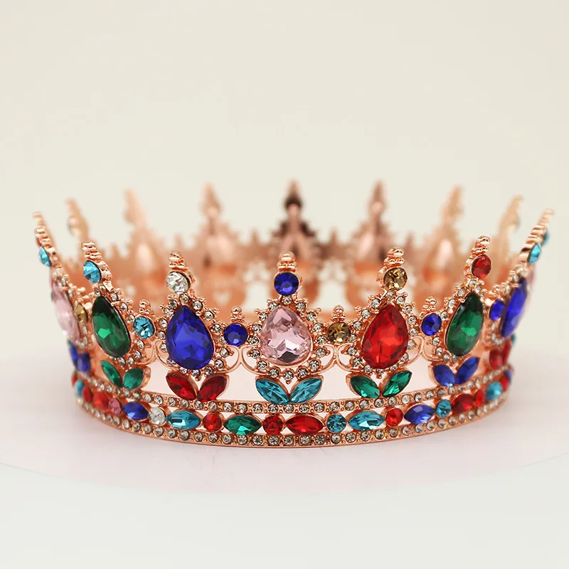 High quality bridal round Large crown for girl baroque wedding Tiaras Vintage European colorful crystal queen bouquet decoration