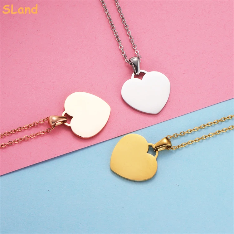 SLand Jewelry wholesale Silver Gold Rose gold engravable tags stainless steel love heart pendant necklace set for Girls Women