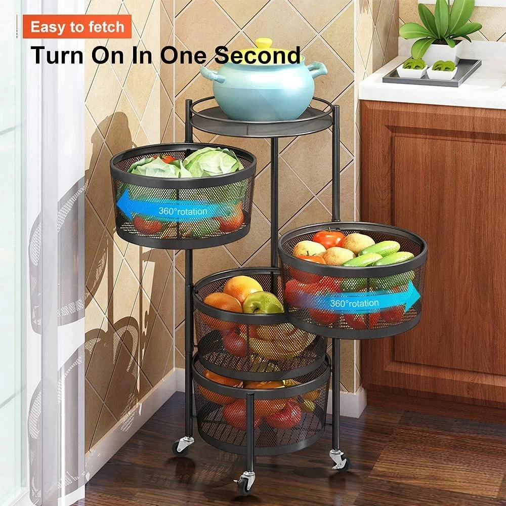 360 Degree Multi Layer Basket Storage Rotating Rack Storage Fruit Vegetable Display Rack Storage Rolling Trolley Cart Organizer