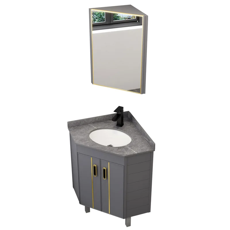 Modern Triangular Floor-Standing Two-Layer Storage Grid Pedestal Basin Sink Cabinet Small Apartment Bathroom Corner Wash Basin