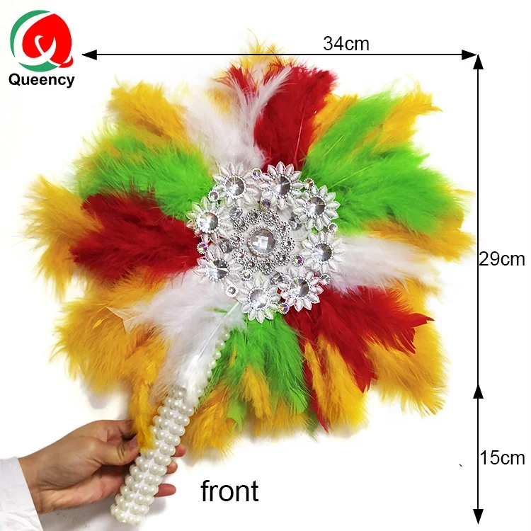 Queency African beautiful cheap ostrich feathers make in China hand fan  African feather fans with beaded