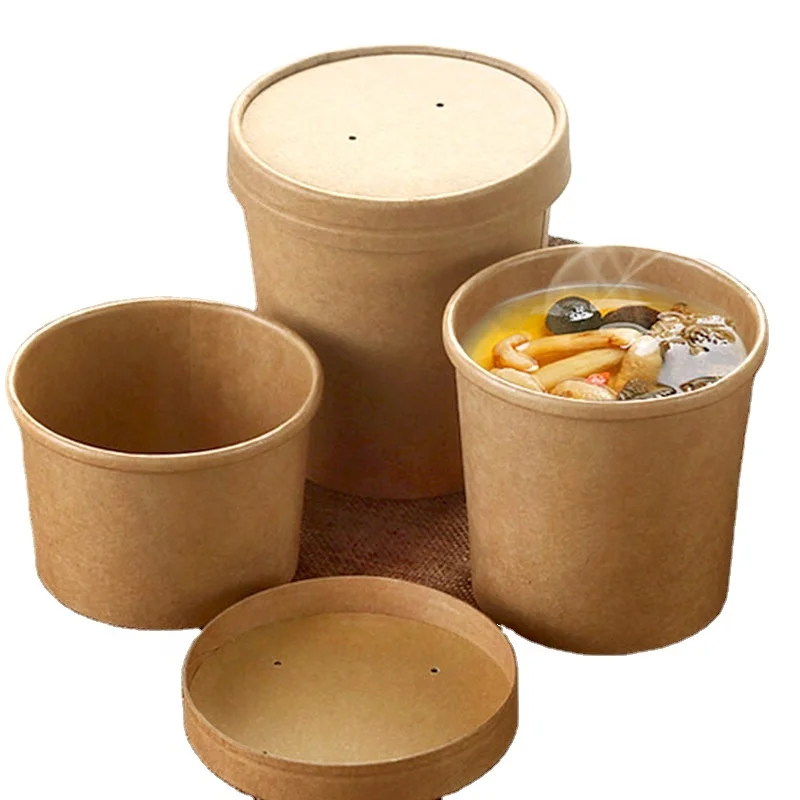 Eco-friendly disposable kraft paper soup cup with paper lid hot food packing container