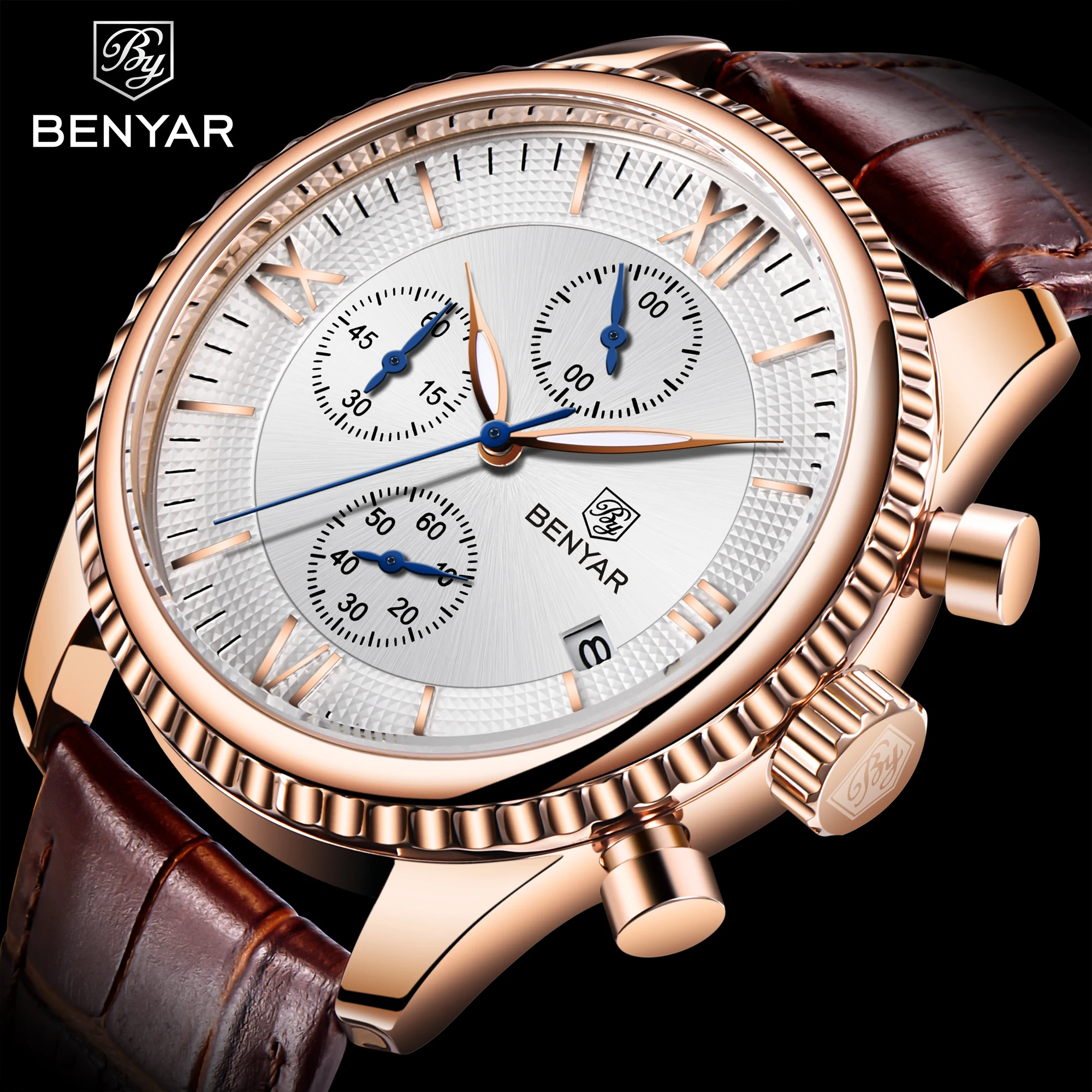 
Benyar 5129 luminous wrist watch custom logo hot sale Herrenuhr water resistant classic quartz 30m leather western wrist watches 