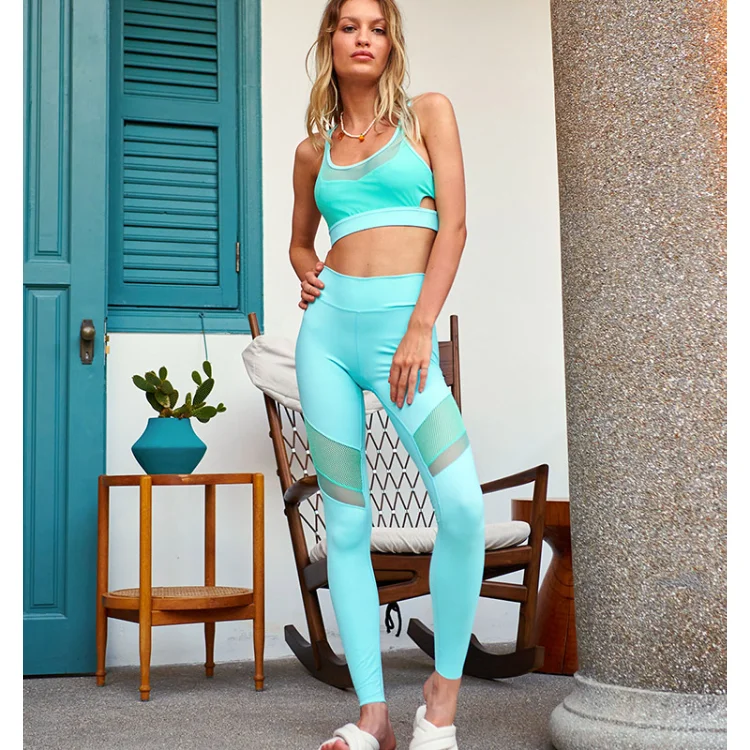 High Quality Vest and Sexy Mesh Leggings Two Piece New Design Fashion Yoga Sets For Women