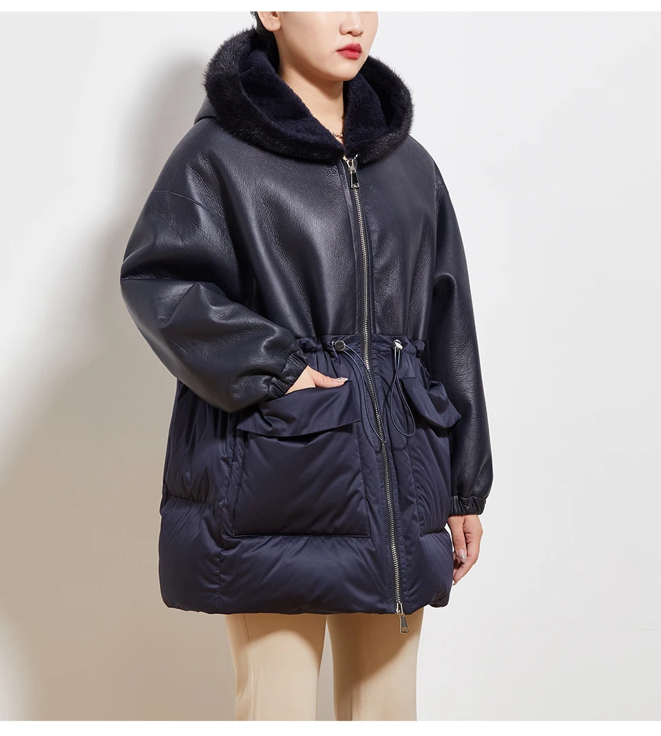 Women Winter Whole Skin Mink Hair Hat Collar Sheep Fur Coat White Goose Down Coat