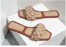 Trish Lucia Womens Square Open Toe Flat Sandals Slip On Mule Slides Braided Strap Slipper