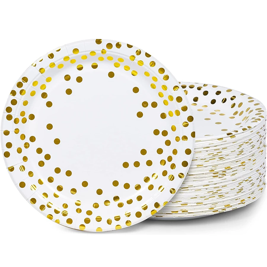 Custom Printed 7 Inches Disposable Paper Plate White and Gold Dot Dessert Plates Round Paper Plates for Wedding  Birthday Party