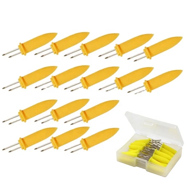 Plastic Handle Stainless Steel Easily Cleaned BBQ Skewers Cob Corn Holders Set