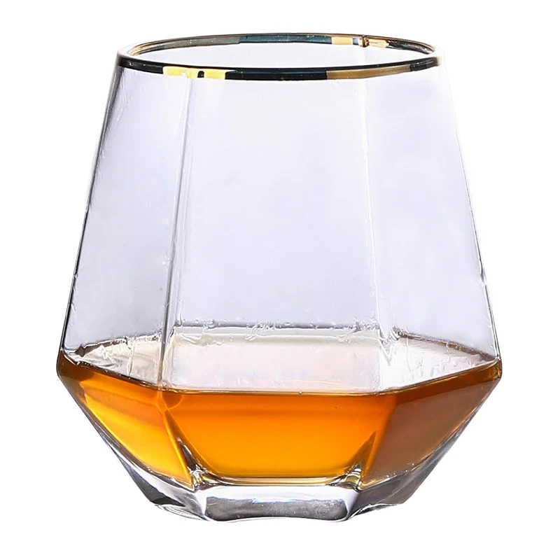 
New Diamond Shaped whiskey glass cup Crystal Glass Whisky Cup with gold rim rocks glasses 