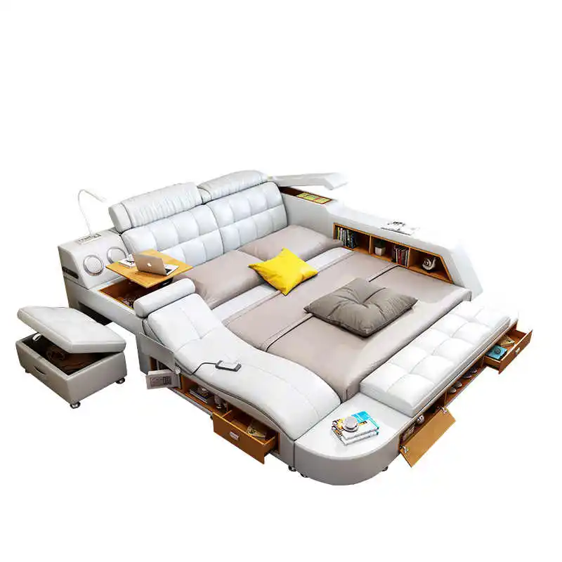 Modern Soft Bed Tatami Bedroom King Queen Double Size Multi-Functional Soft Music Massage Bed Real Leather Art Bed