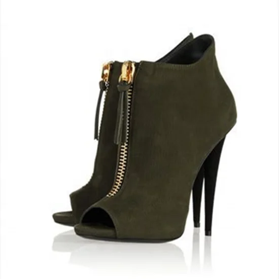 Front Zipper Round Peep Toe High Heel Sexy Short Booty Women  Spike Heel Army Green Ankle Boots Big Size 43