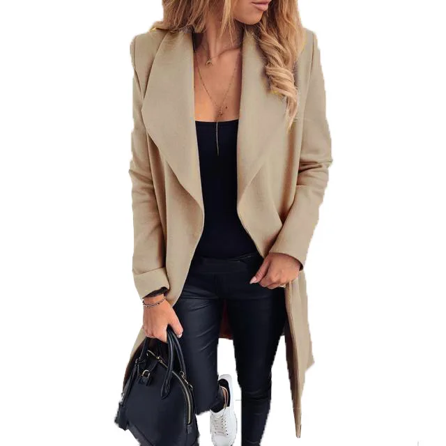 Women Elegant Long Wool Coat With Belt Solid Color Long Sleeve Chic Outerwear Ladies Drop Shoulder Overcoat