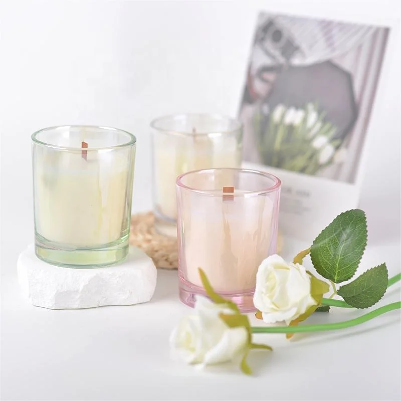 2024 New Design Wood Wick Luxury Clear Iridescent Electroplate Glass Scented Candle