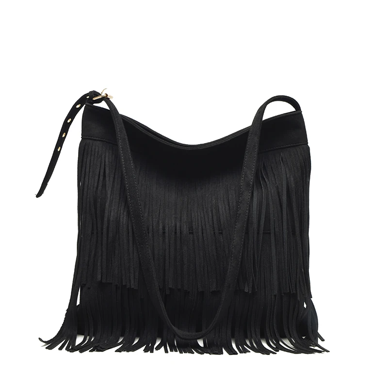 Women Vegan Suede Fringe Tassel Shoulder Purses Messenger Bag Hippie Cross Body Leisure Hobo Tote Bag