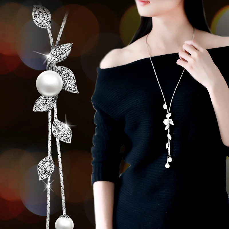 Fashion Rhinestones Leaf Pearl Pendant Necklace Jewelry Women Long Sweater Chain Necklace