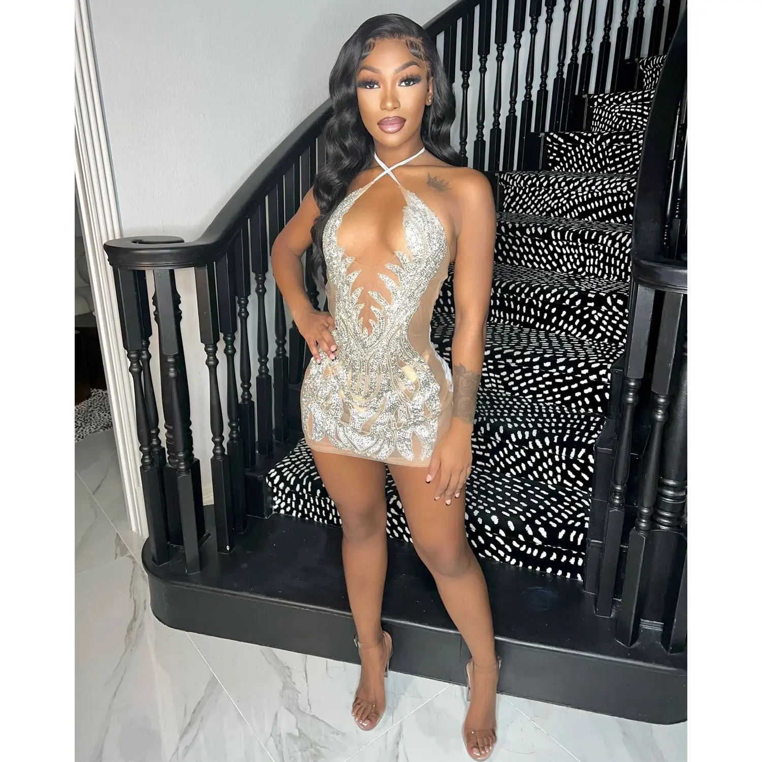 Bomblook C111DS02 2024 Spring Slim New Design Backless Outfits Club Halter Evening Dresses With Beading Mini Sheer Dress