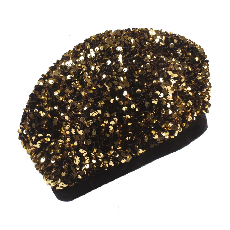 Club Party Night Wear Bling Bling Knitted Hat Female Winter Beret Sequin Hat  for Lady