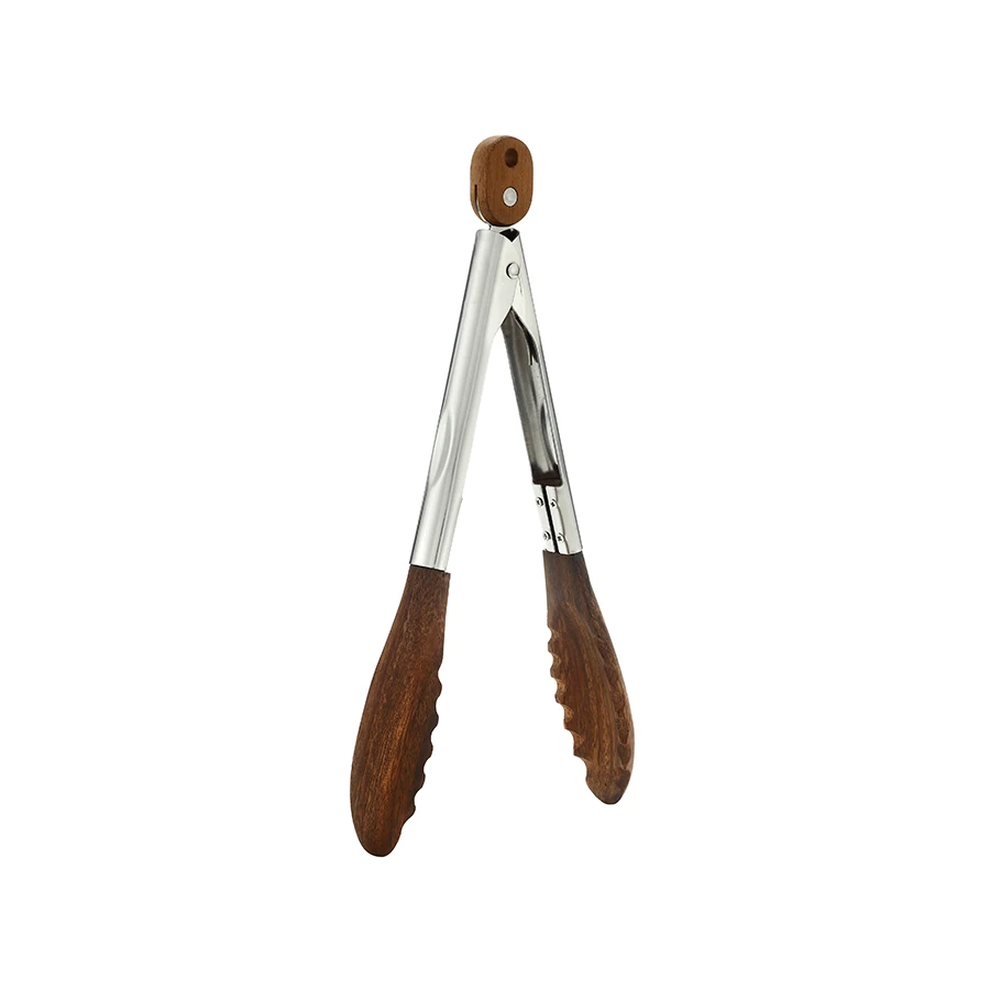 Natural wood Walnut stainless steel service food tongs for kitchen and BBQ