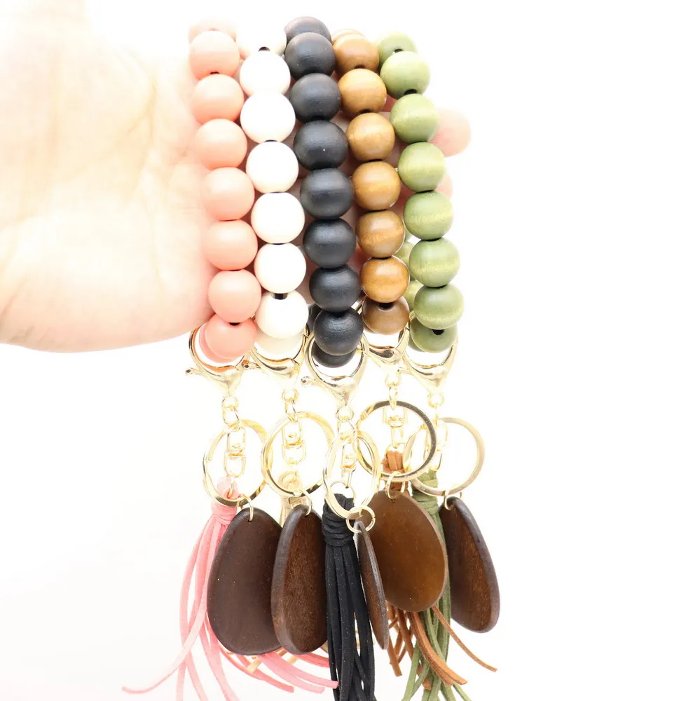  2021 Personalized Cheap Wood Elastic Beaded Bracelet Tassel Key rings