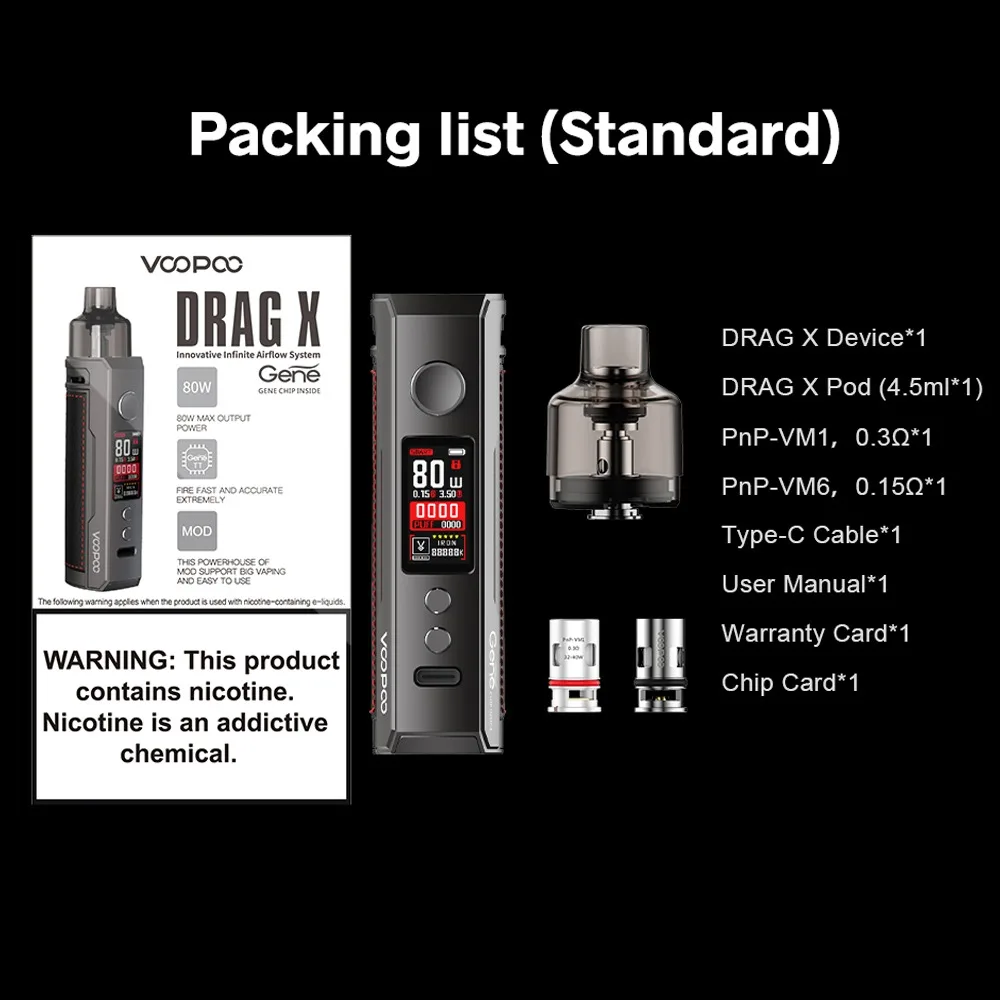 
Wholesale Original VOOPOO DRAG X Pod Mod 80W PnP Pod MTL Coils Without 18650 Battery Vape Kit 