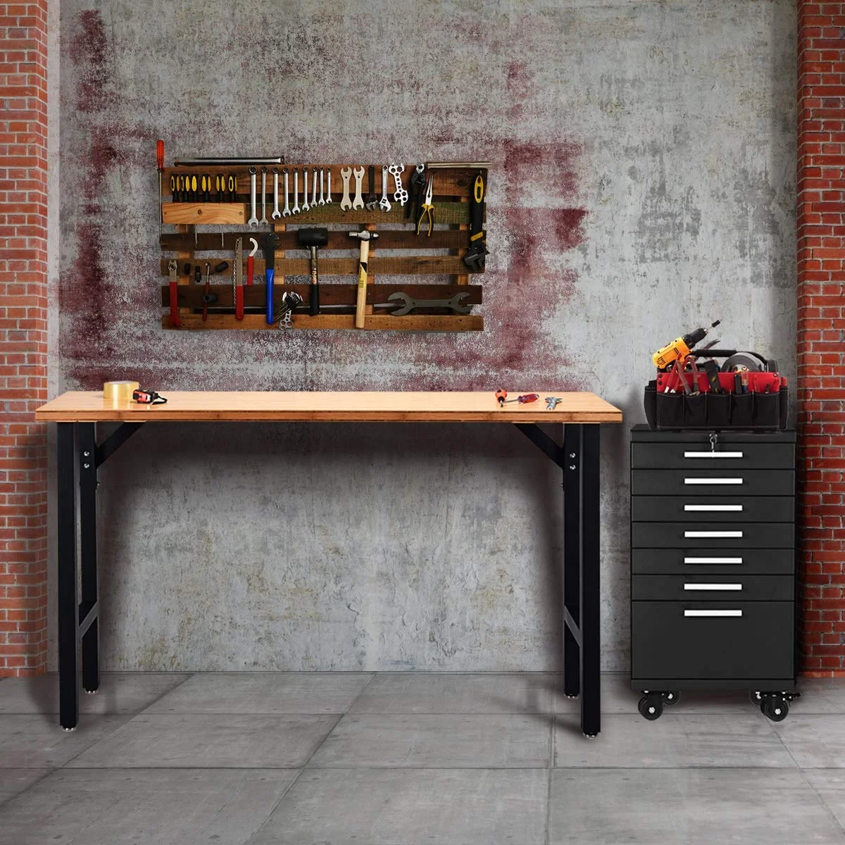 
65 inch triangle reinforcement garage workbench rubberwood top heavy duty steel workstation work bench 