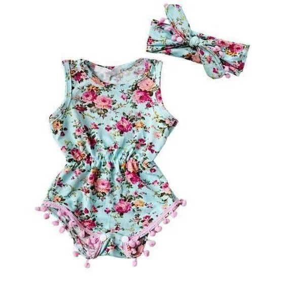 Wholesale newborn baby clothes cute Ball Tassel Ruffle Romper Baby Girls Flamingo Printing Headband 2pcs ROMPER TEAL