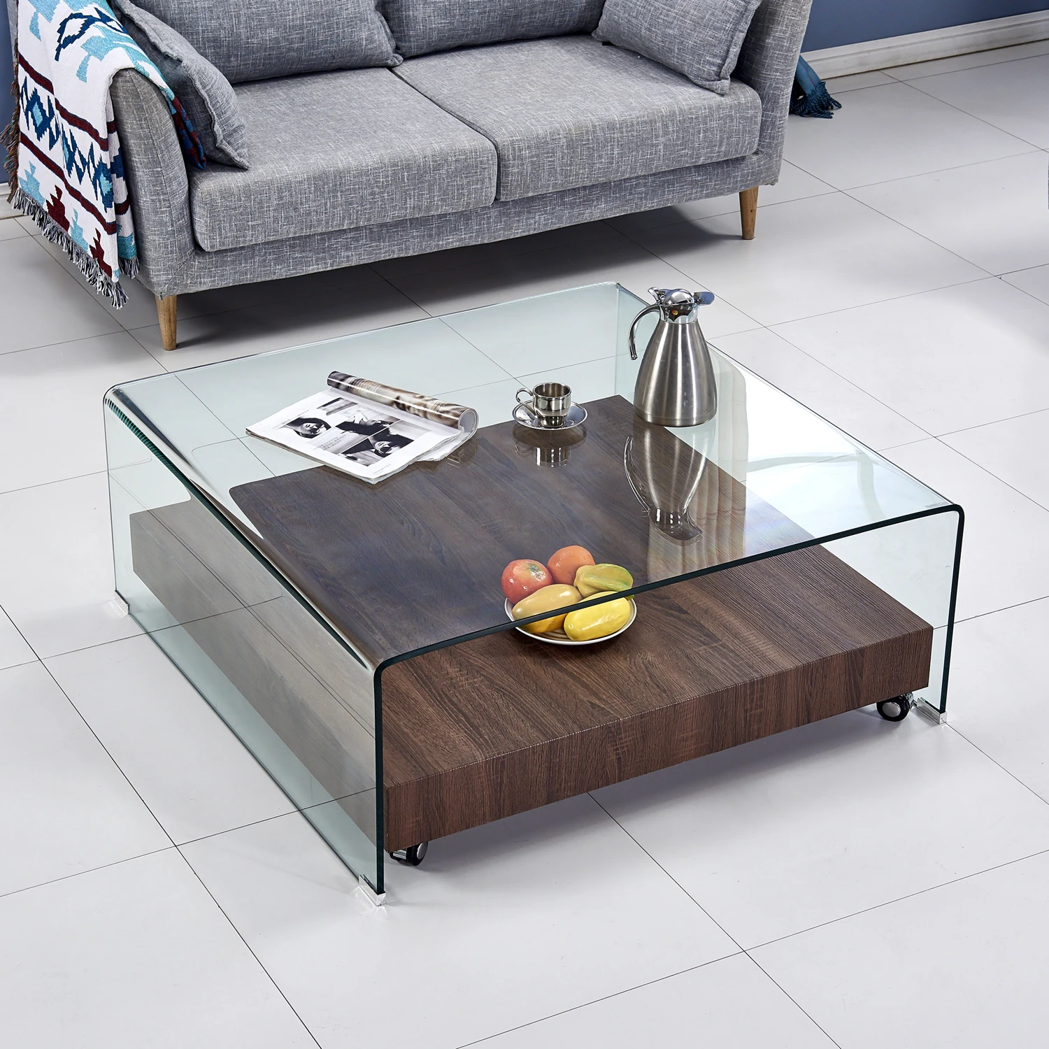 
Acrylic Square Outdoor Living Room Coffee Center Table With Wooden Base Shelf 