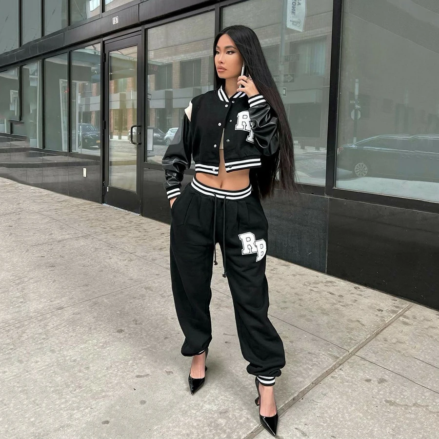 K22S19975 Embroidery Clothing Letterman 2 Piece Outfit Set Baseball Outfit Woman Two Piece Pant Sets