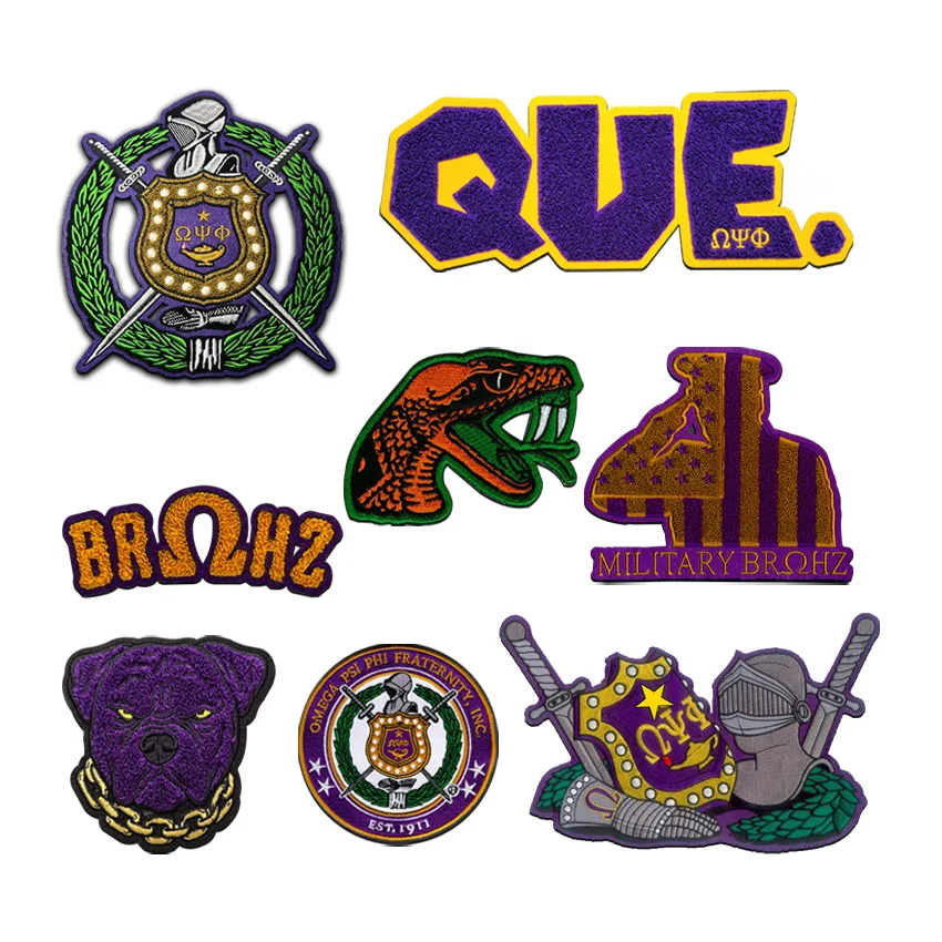 Custom chenille embroidery omega psi phi fraternity shield patches iron on patches