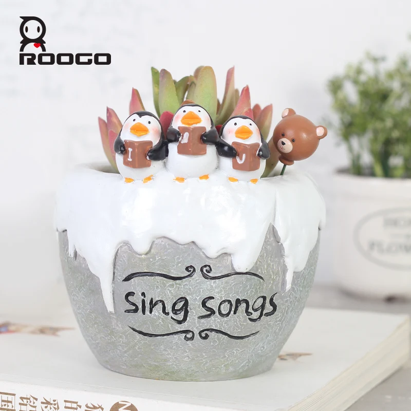 Roogo cute ice penguin flower pots succulent planter garden plant pots decoration