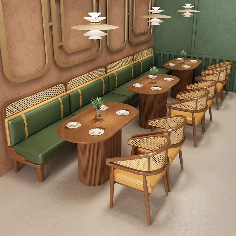 Vintage Rattan Restaurant Tableset Dinning Chair Classic Style Cafe wicker Dining Restaurant Furniture Sets