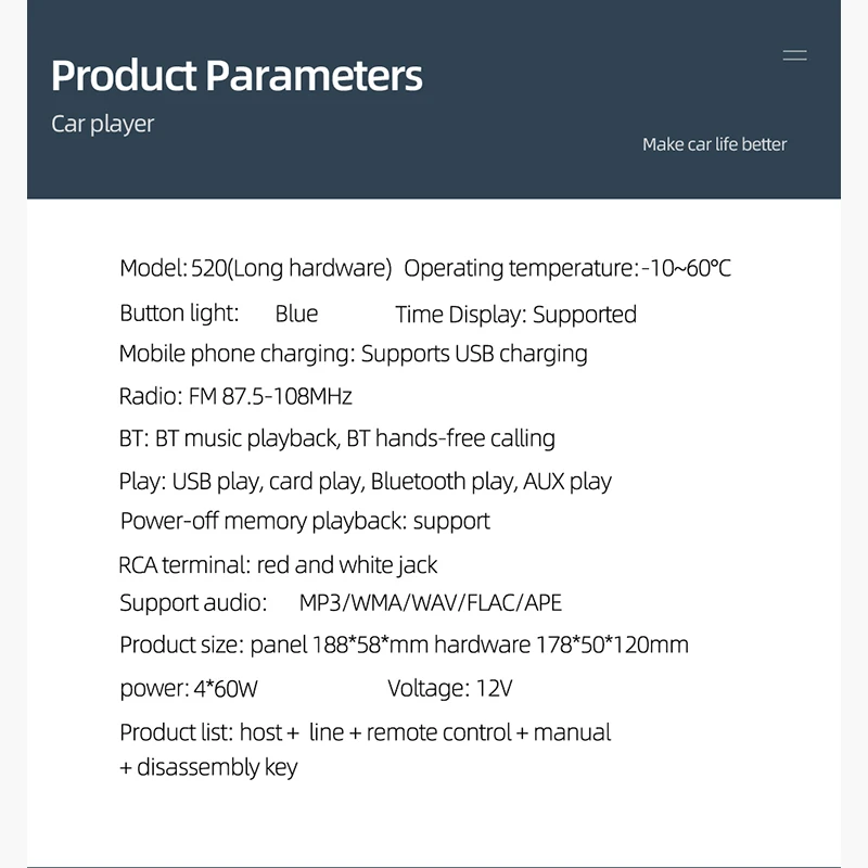 SHENGTU Car Radio Stereo Player Mp3 1din Digital Bt Player 60wx4 Fm Radio Stereo Audio With In Dash Aux Input Jsd520