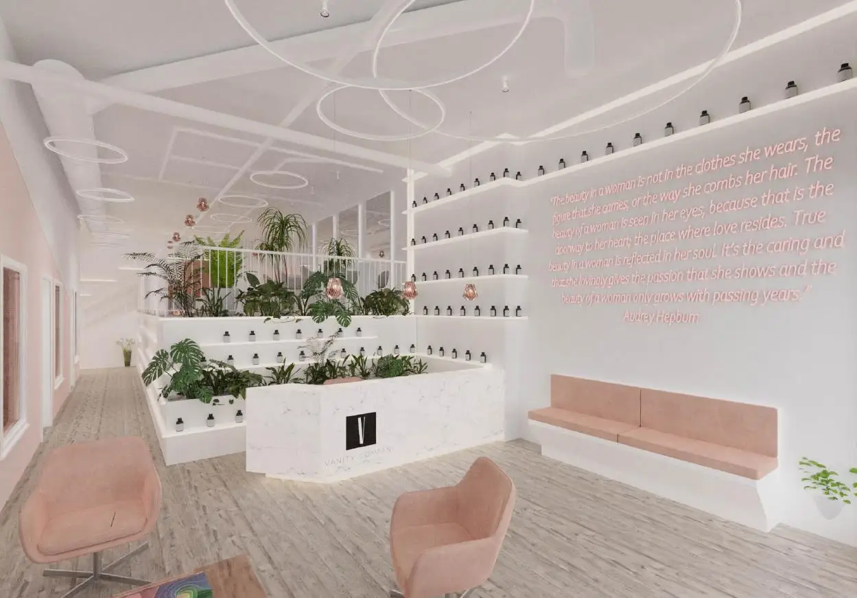 Modern design beauty nail salon store interior decoration / retail salon store idea with hair salon station