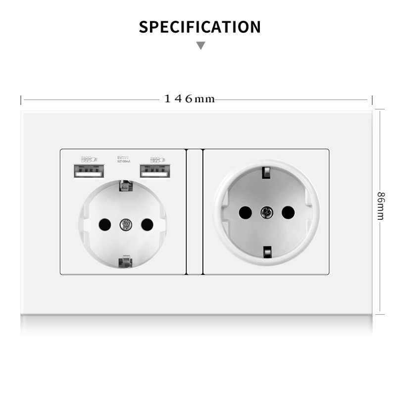 NOVSKI Factory price Plastic panel  German 2gang wall socket with 2 USB socket EU standard home power